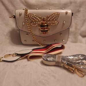 Elegant White and Gold Bee Embellished Women's Bag